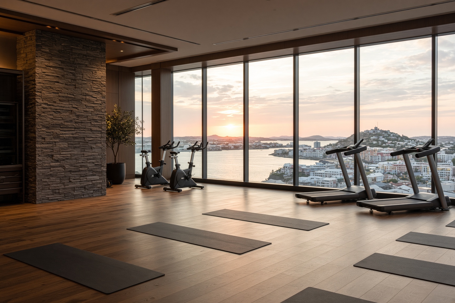 Rooftop fitness studio with harbour views