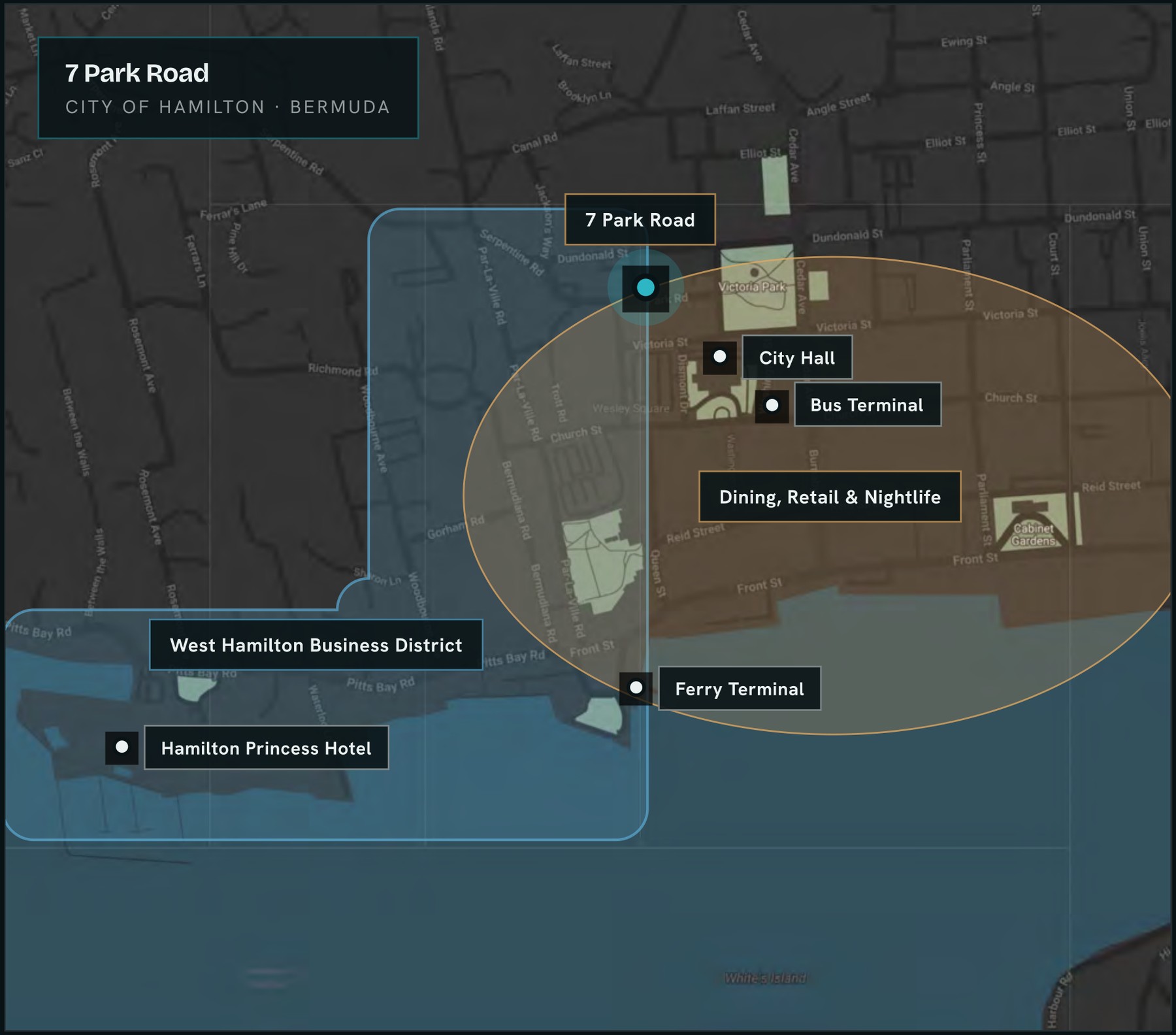 Map of 7 Park Road in the City of Hamilton, next to Victoria Park, City Hall, the bus terminal, Front Street, the ferry, and the Hamilton Princess