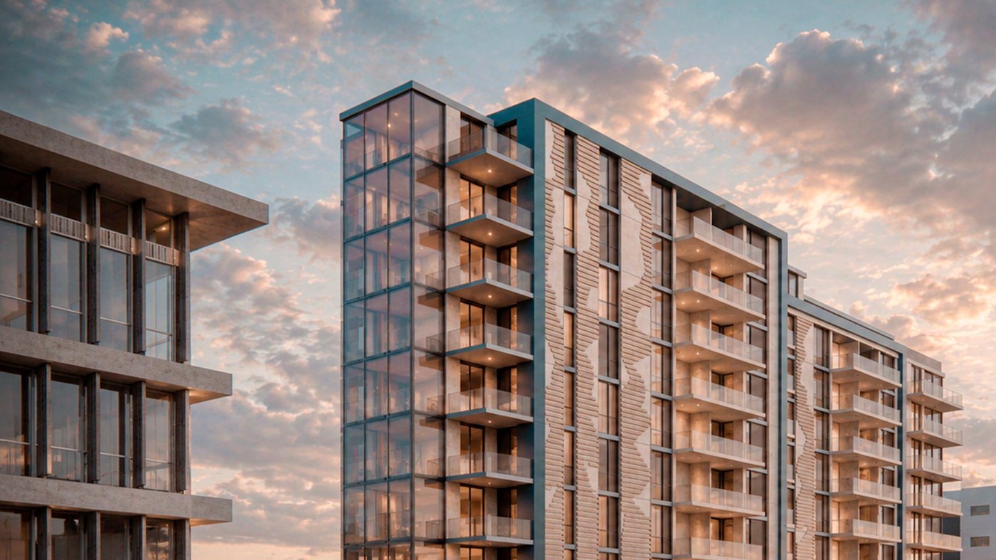 7 Park residential tower at dusk on Park Road, Hamilton