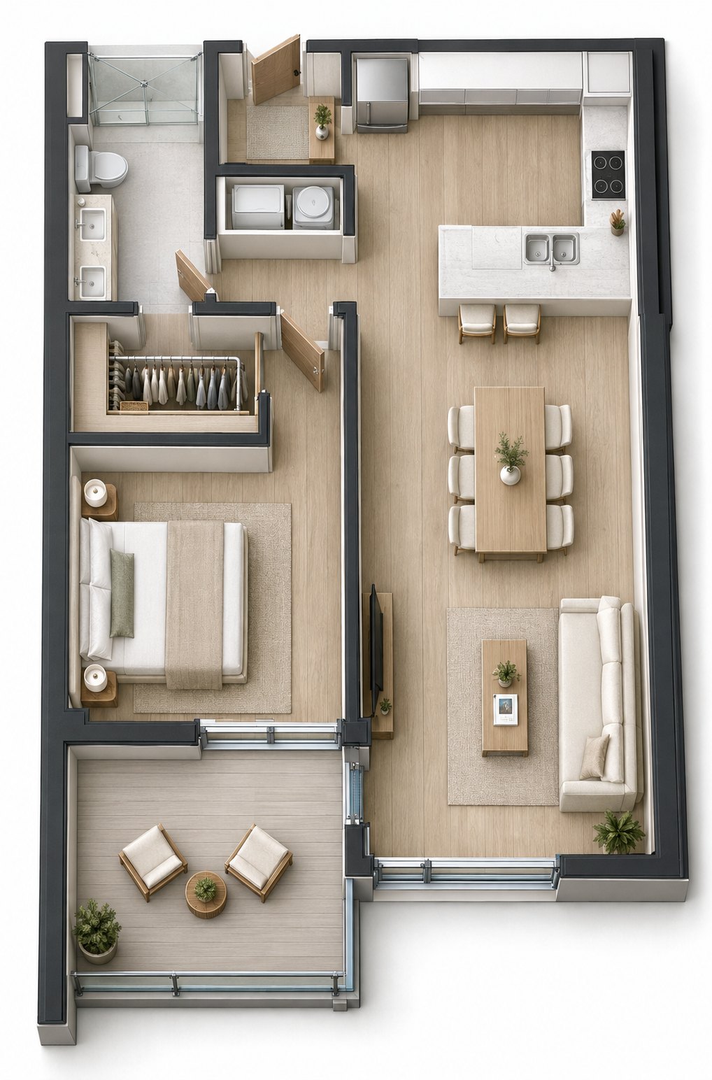 Furnished layout of the Executive One-Bedroom