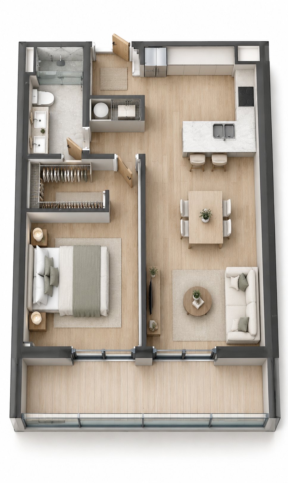 Furnished layout of the One-Bedroom (Lower Floor)