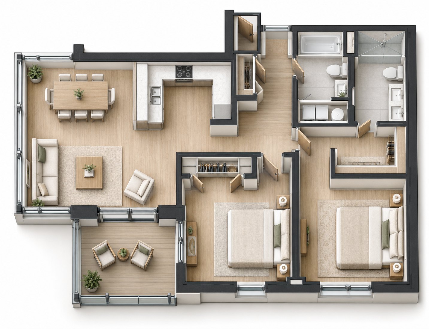 Furnished layout of the Executive Two-Bedroom (West)