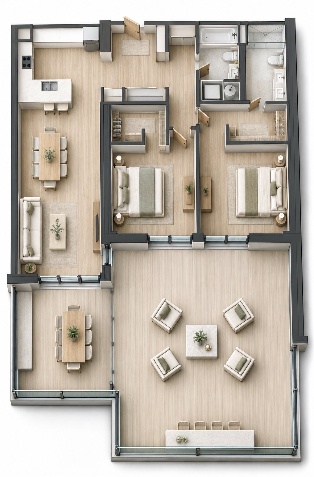 Furnished layout of the Executive Two-Bedroom (Lower Floor)