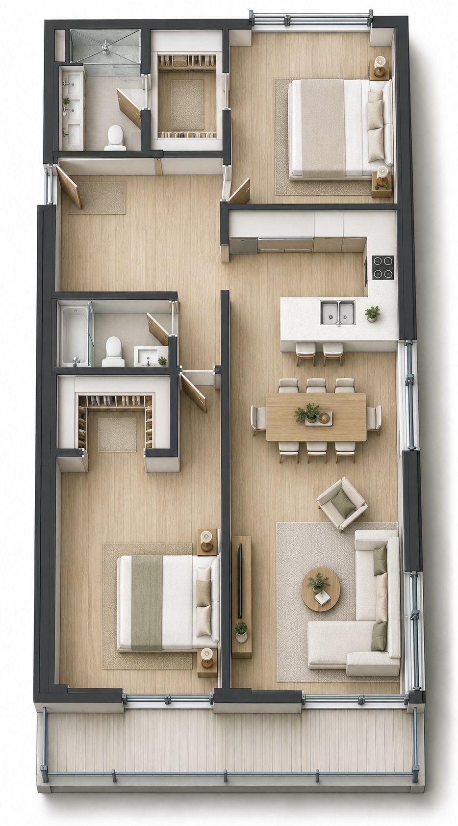 Furnished layout of the Executive Two-Bedroom with Park View