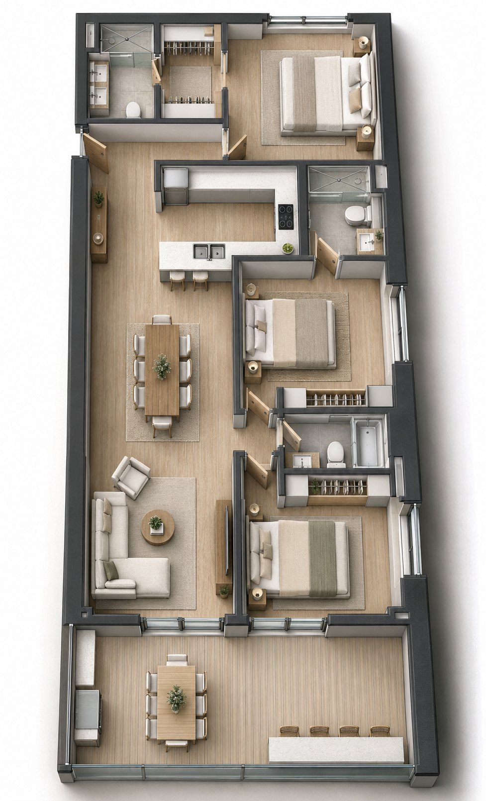 Furnished layout of the Executive Three-Bedroom with Park View
