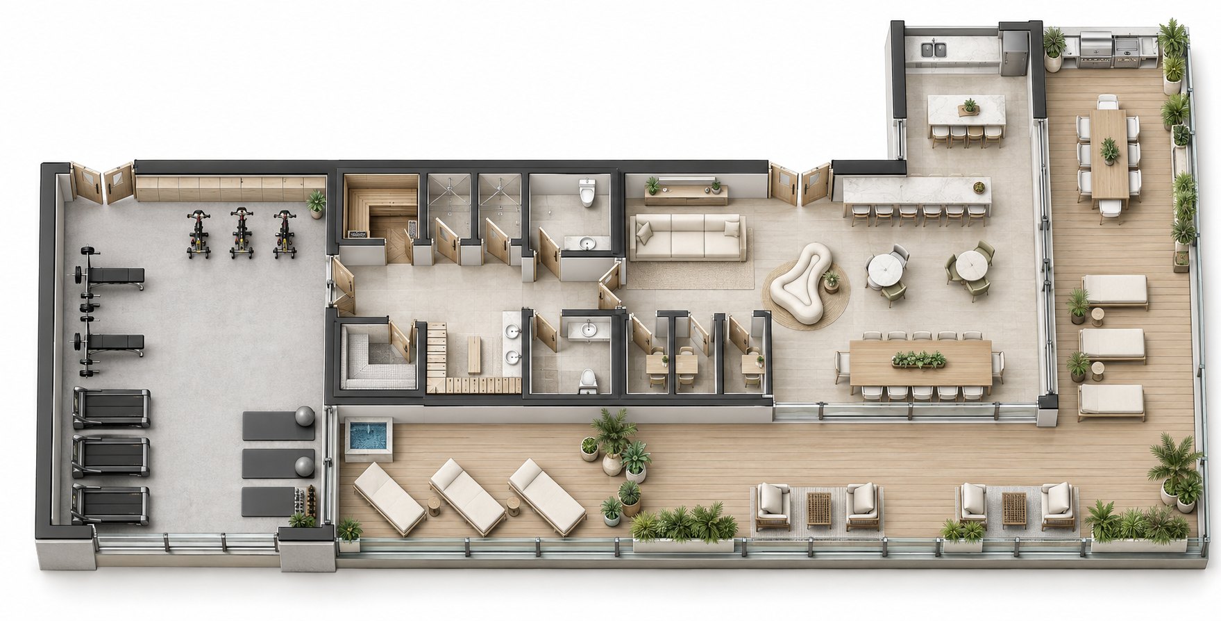 Furnished layout of the rooftop oasis with gym, spa, lounge and terraces