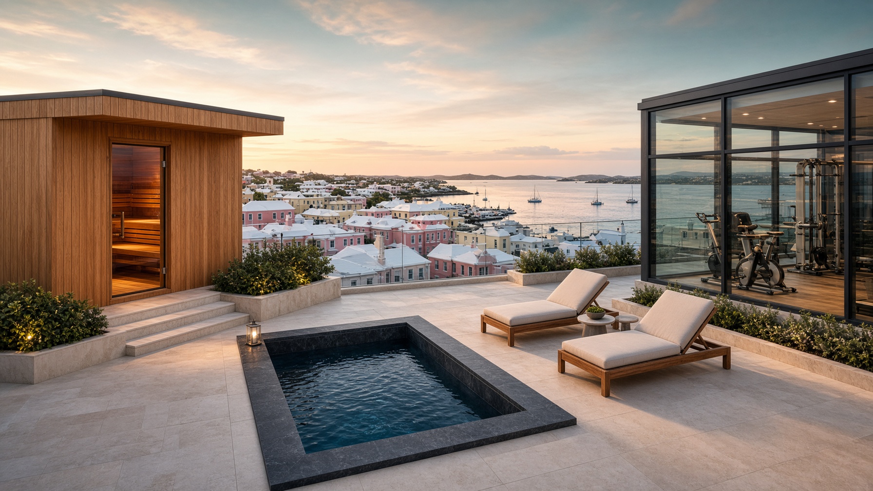Rooftop terrace and cold plunge overlooking Hamilton Harbour